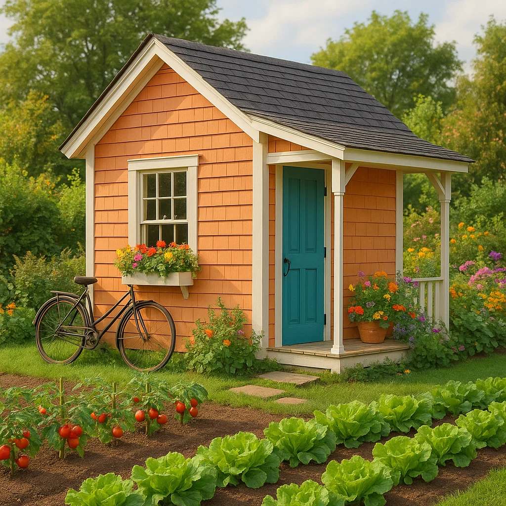 Caseta de jardín caseta de almacenamiento color naranja y azul de madera para exterior 260x200x250 cm