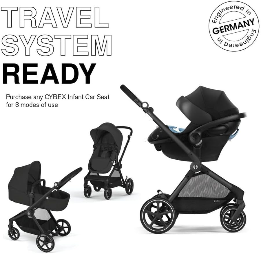 Cybex EOS 5-in-1 Travel Stroller + Aton 2 Infant Car Seat with SensorSafe & Load Leg – Converts from Carriage to Reversible Toddler Seat, Travel System Ready, Lightweight & Comfortable, Black/Black