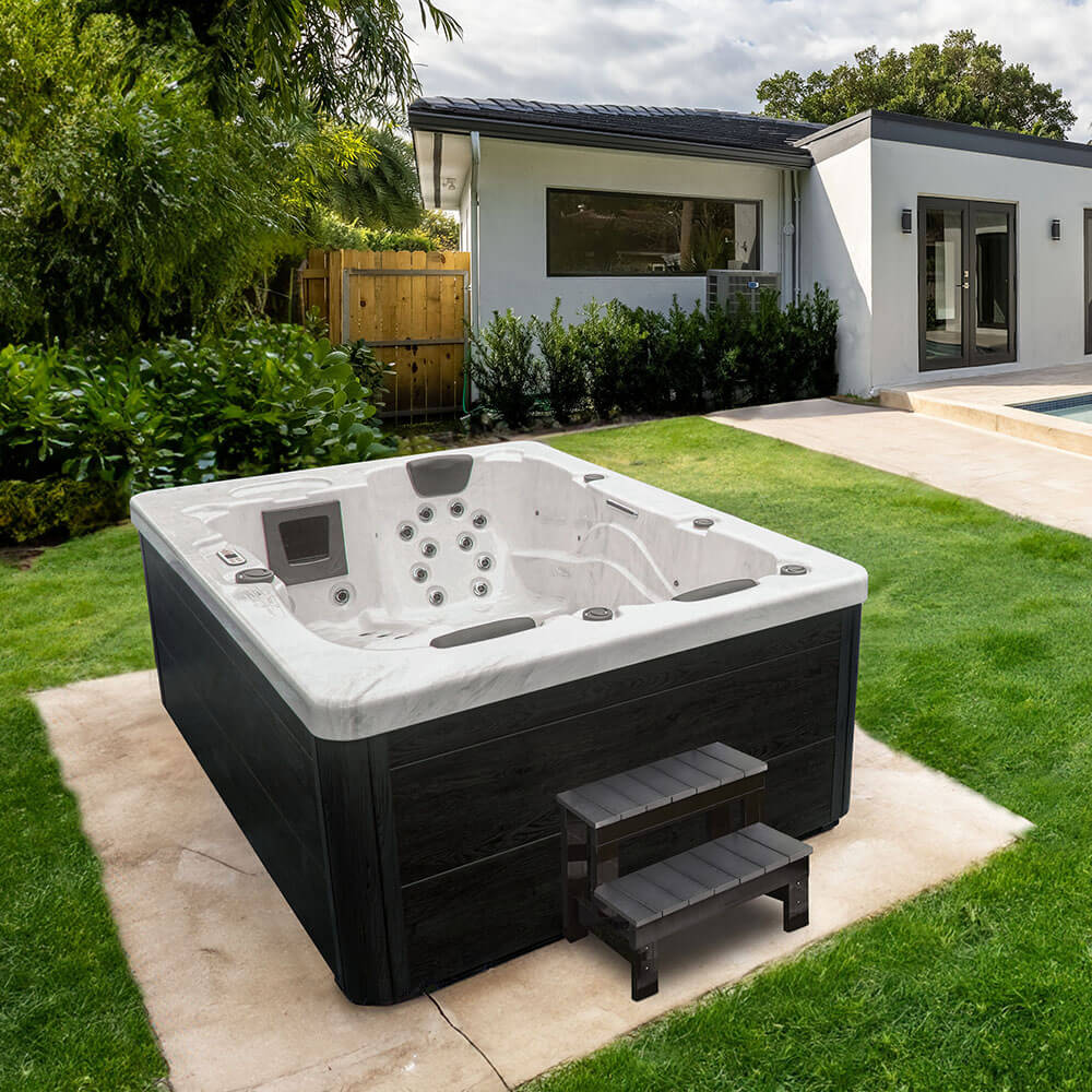 HOME DELUXE - Outdoor Whirlpool Black MARBLE inkl. Treppe und Thermoabdeckung