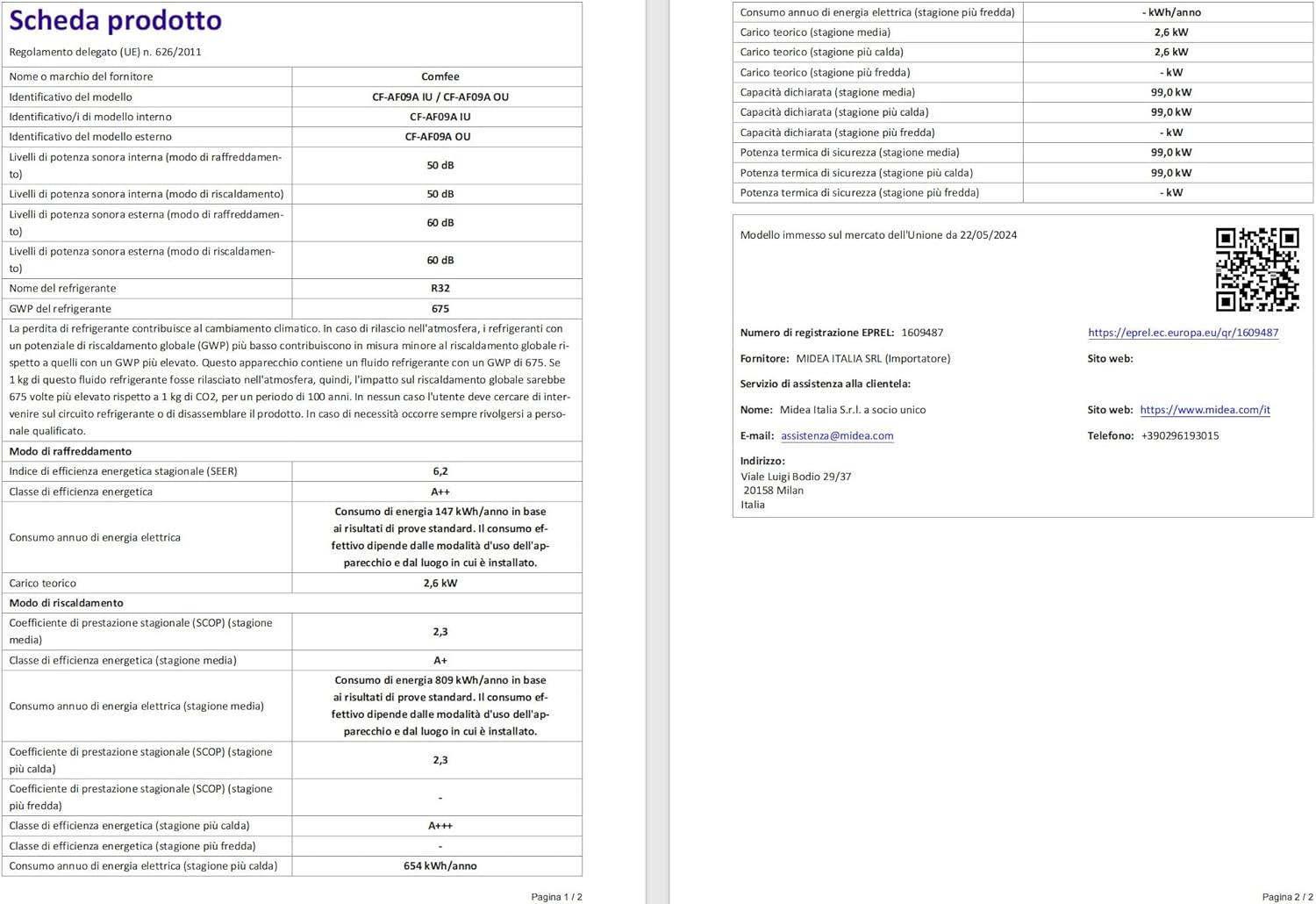 COMFEE' Climatizzatore Monosplit 9000 BTU Inverter, 1 Unità Interna + 1 Unità Esterna, Condizionatore Fisso Classe di efficienza A++/A+, Kit Wi-Fi incluso, GAS R32, TROPICAL 9K [Classe di efficienza energetica A++]