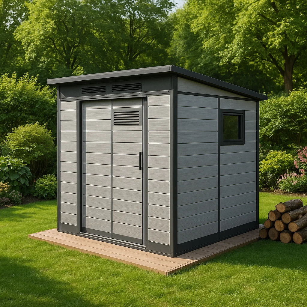 Caseta de jardín. caseta de almacenamiento gris claro y negro de resina para exterior. 190x160x210 cm