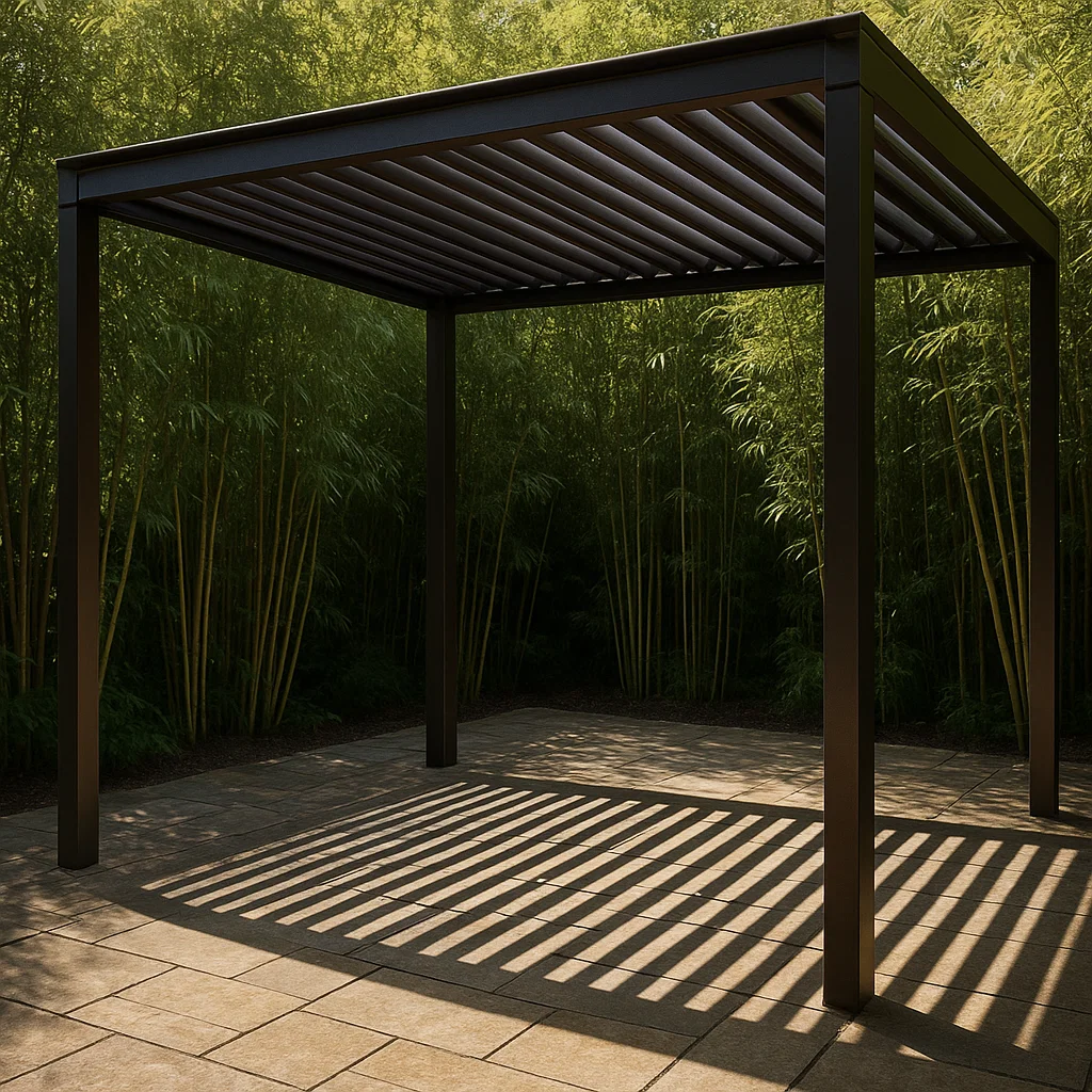 Pérgola de jardín con estructura metálica color negro y techo de lamas ajustables. 400x300x250 cm