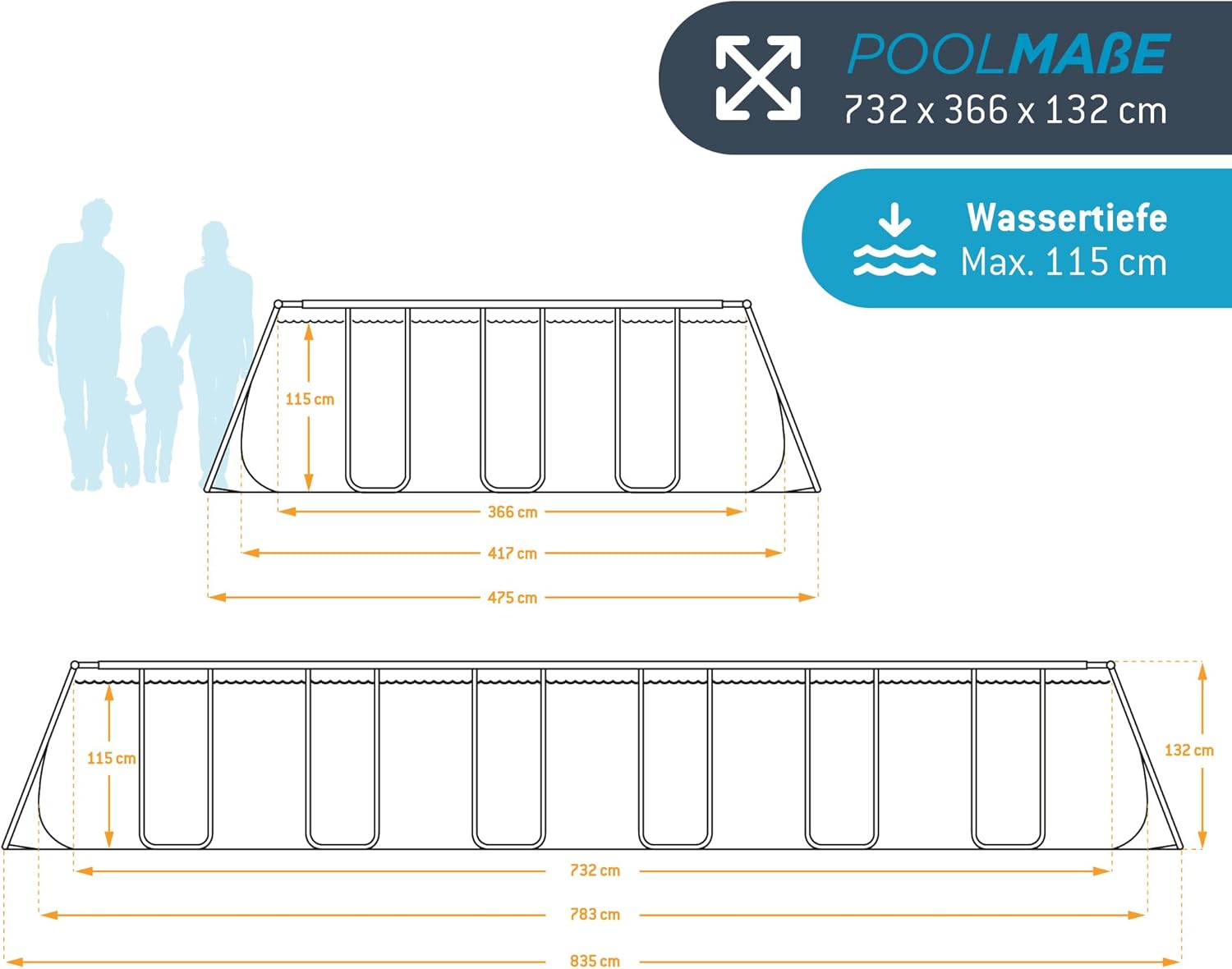Summer Waves Frame Pool Complete Set. Rectangular 732 x 366 x 132 cm. Grey