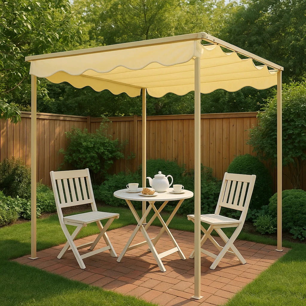 Pérgola de jardín con estructura metálica color crema y toldo retráctil. 300x300x250 cm