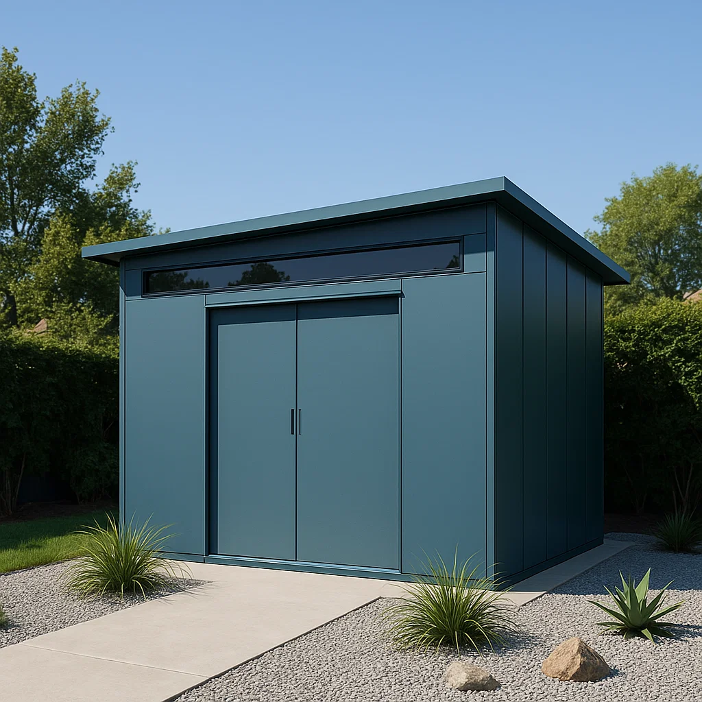 Caseta de jardín metálico azul oscuro acero para exteriores. 230x200x215 cm