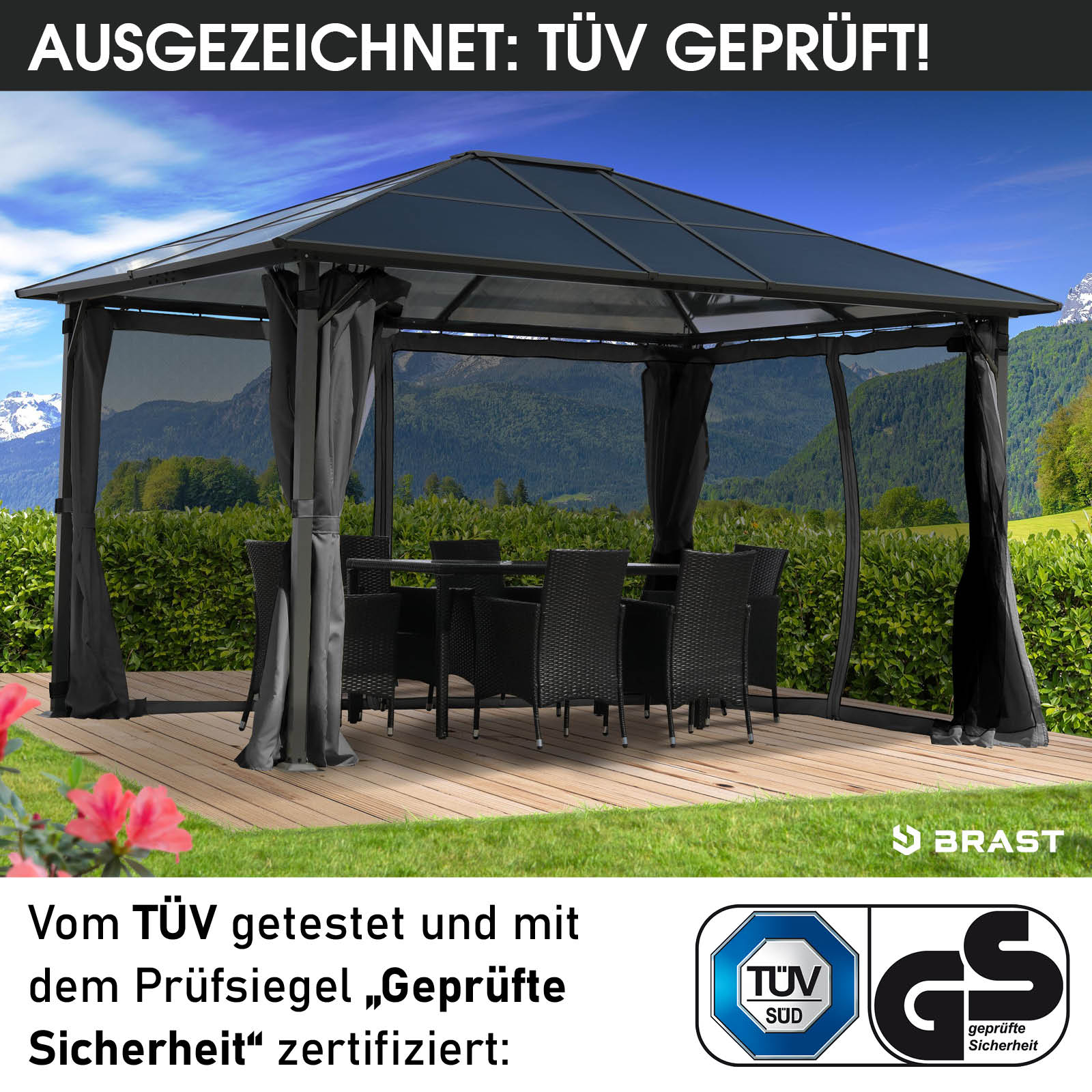 BRAST Alu Pavillon PREMIUM mit festem Dach 3x4m grau