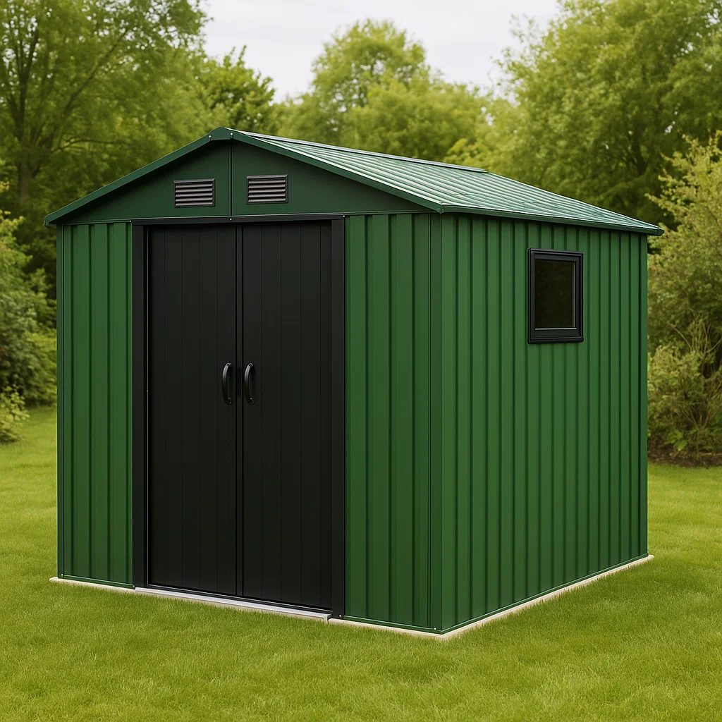 Caseta de jardín. cuarto de herramientas verde con puerta negra de metal para jardín exterior. 213x127x195 cm