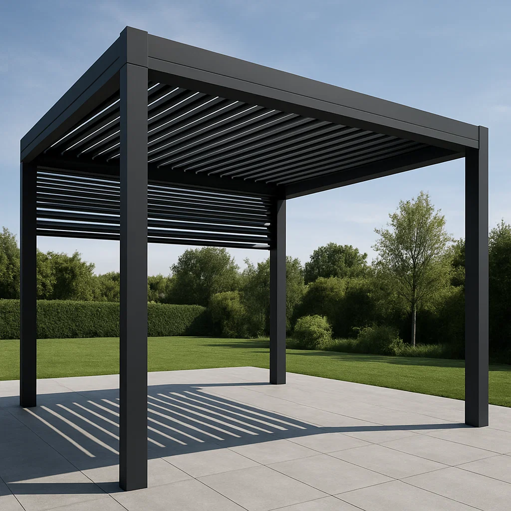 Pérgola bioclimática para jardín - Color negro - de aluminio - para exterior. dimensiones aproximadas: 400x250 cm