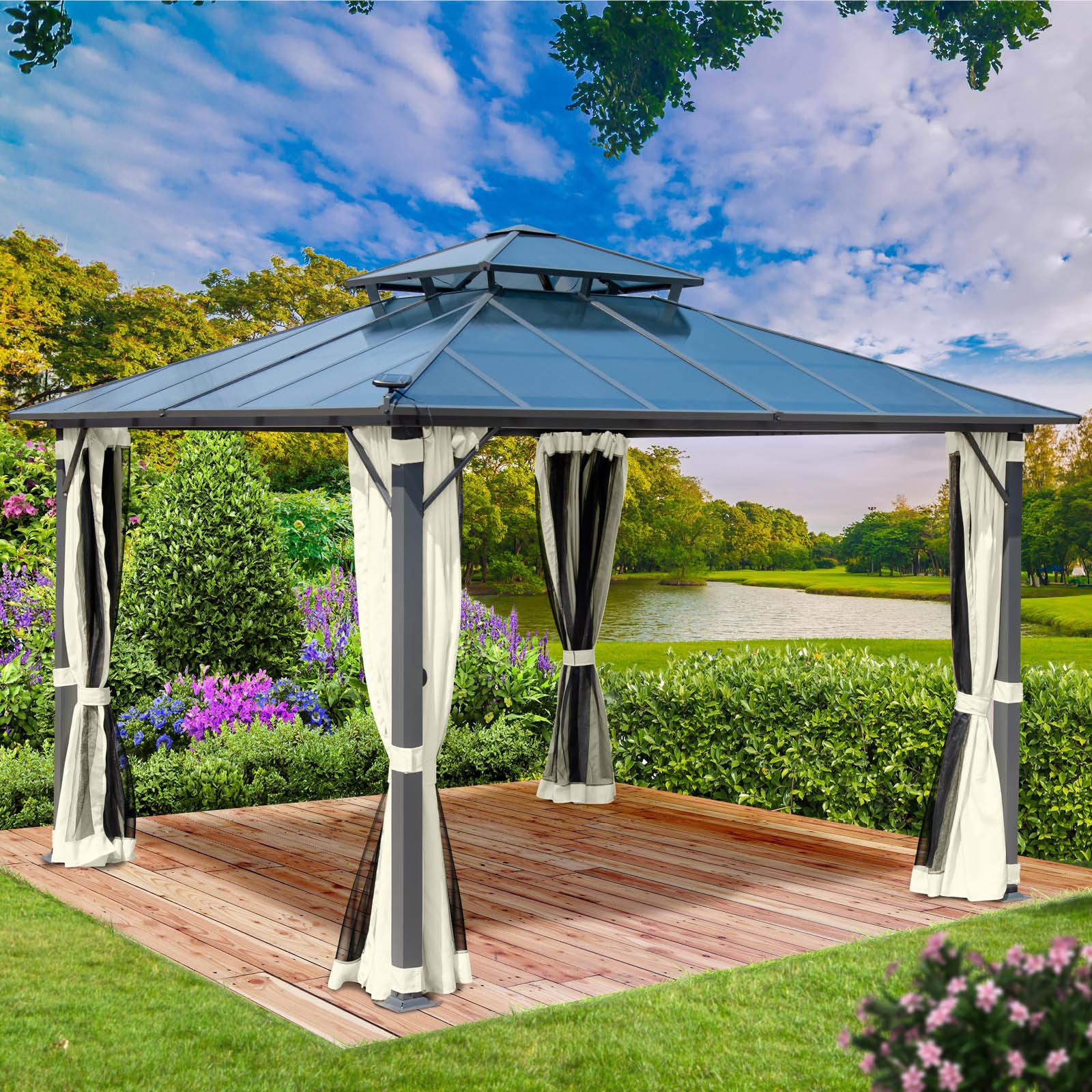 BRAST Alu Pavillon PAGODE 4x4m beige mit Moskitonetz & LED-Beleuchtung