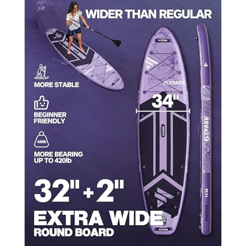 Flypark 11'x34‘’ Inflatable Paddle Boards, Extra Wide SUP for 420lbs/3Adults, Yoga Stand Up Paddle Board, 110L Backpack, 15 D-Rings, Shoulder Strap, US-Fin, 2-Action Pump
