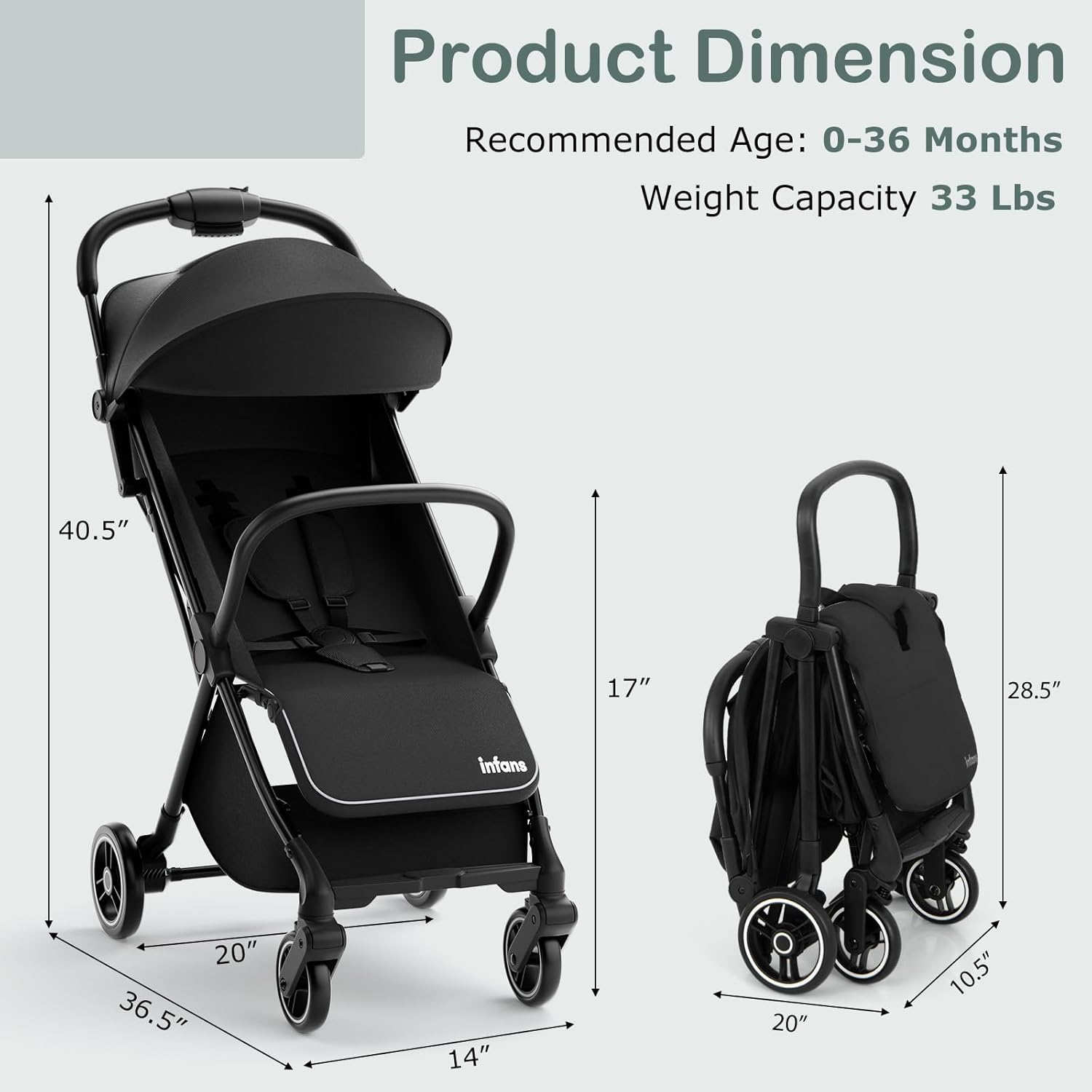 INFANS Lightweight Baby Stroller, One-Hand Gravity Fold, Compact Travel Stroller for Airplane with Aluminium Frame Adjustable Backrest, Foldable Toddler Stroller for Infant 0-36 Month