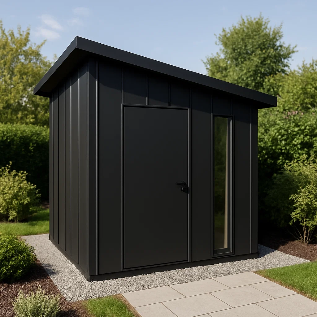 Caseta de jardín metálico color negro. material metal para exterior. 220x180x210 cm