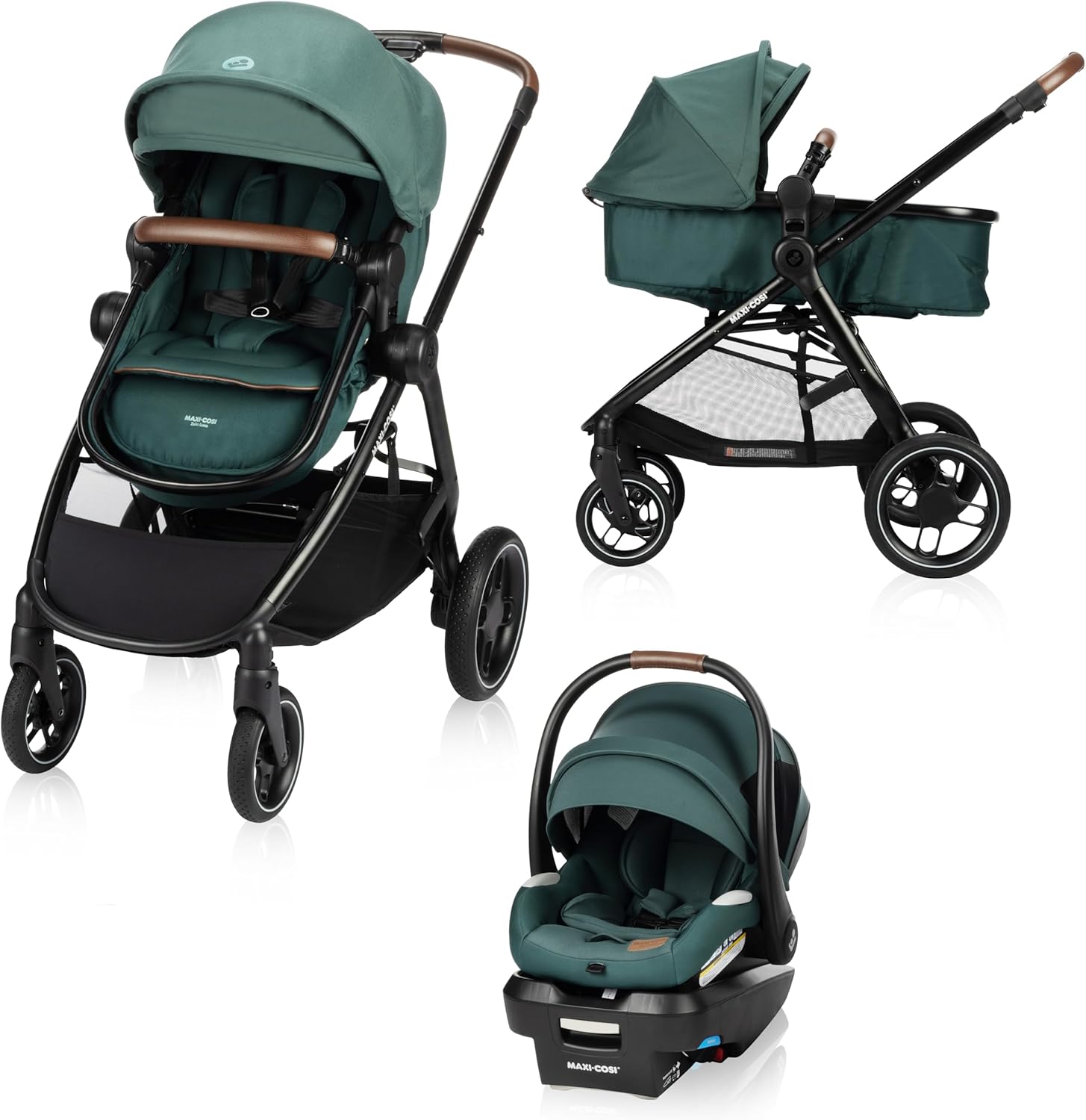 Maxi-Cosi New Generation Zelia Luxe 5-in-1 Modular Travel System, Carriage Mode, Reversible Toddler Seat, Mico Infant Car Seat (included), Enhanced All-Terrain Wheels, Use from Birth – Essential Green