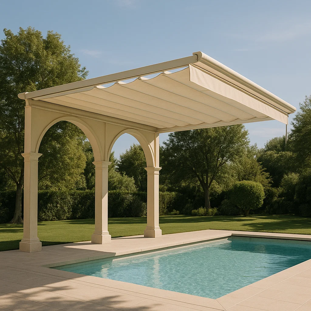 Pérgola de jardín con estructura metálica beige y toldo retráctil. 400x300x250 cm
