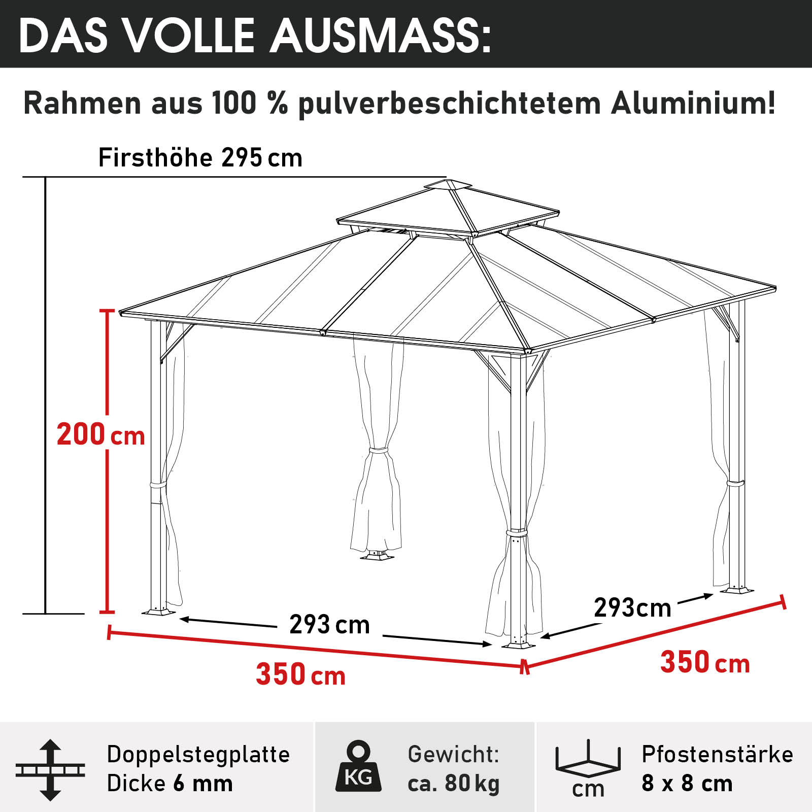 BRAST Alu Pavillon PAGODE 3.5x3.5m dunkelgrau mit Moskitonetz