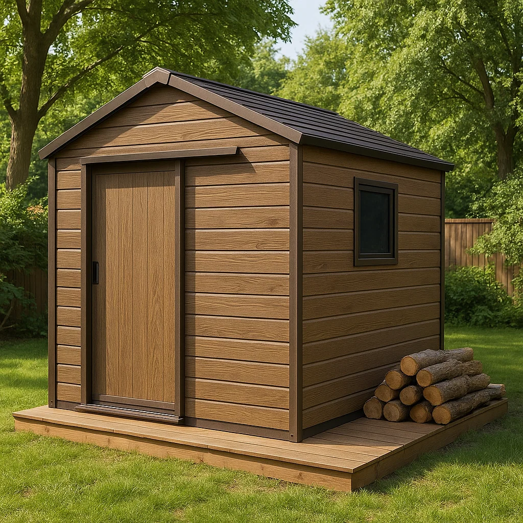 Caseta de jardín. de madera con bordes marrones de material compuesto para jardín exterior. 213x127x195 cm