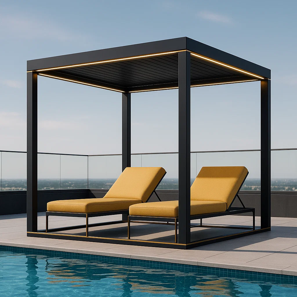 Pérgola de aluminio para jardín con iluminación LED - Color negro - para exterior. 400 cm largo x 250 cm alto x 300 cm profundo