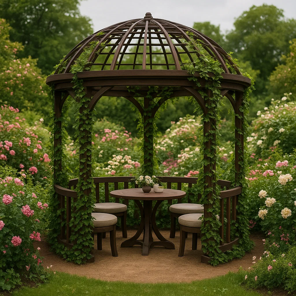 Pérgola jardín de madera color marrón natural con estructura resistente para exterior. 300x300x250 cm