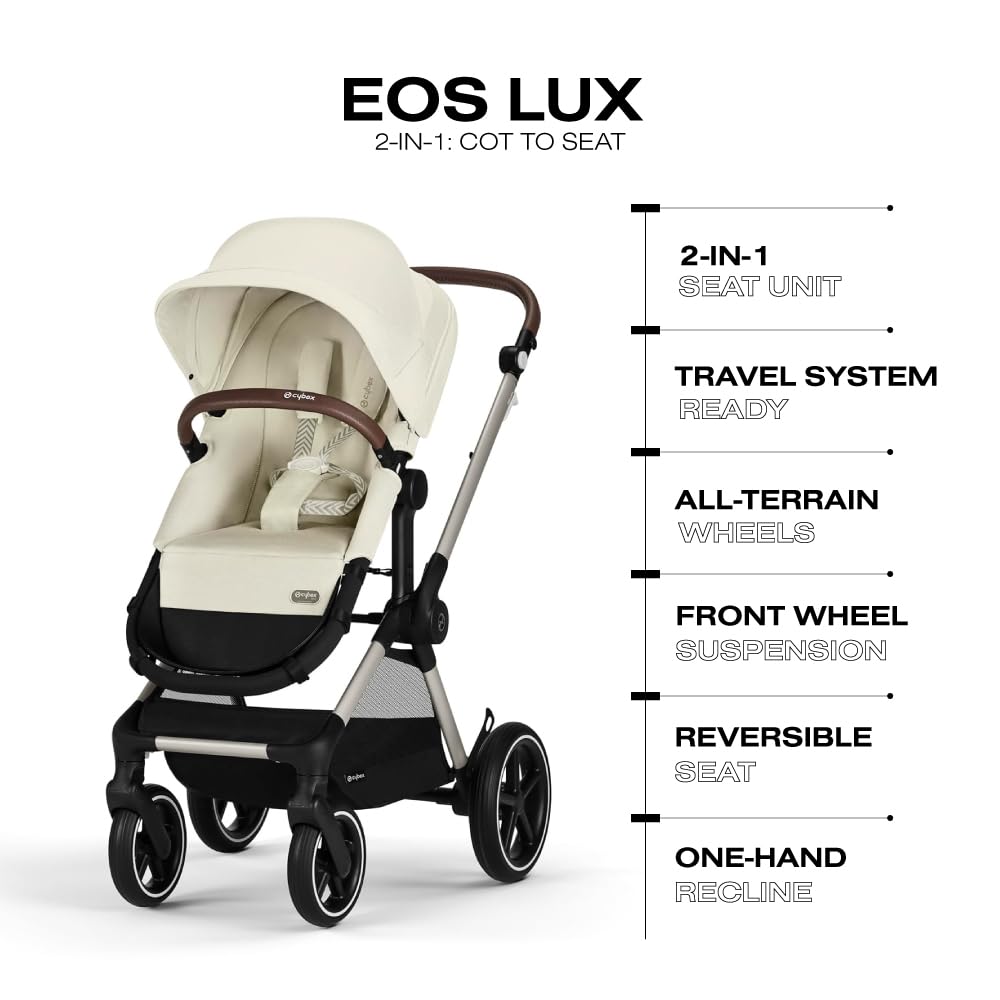 Cybex EOS 2-in-1 Stroller - Bassinet Stroller Converts to Toddler Stroller with One-Hand Recline - Bassinet and Toddler Seat Included, Reversible & Travel System Ready, Seashell Beige