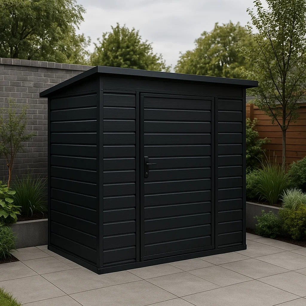 Caseta de jardín. Caseta metálica negra de acero para exteriores. 125x210x190 cm