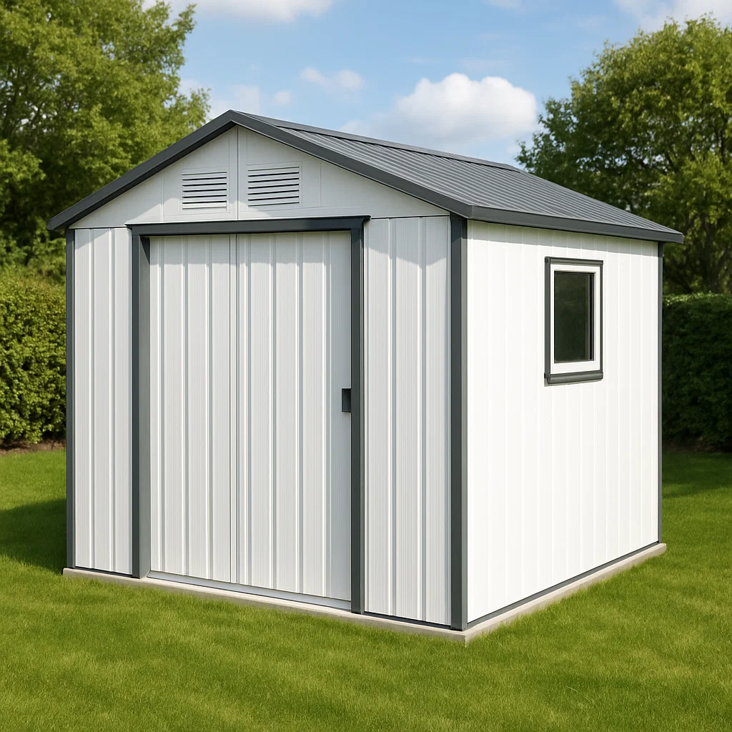 Caseta de jardín. caseta de almacenamiento blanco y gris de acero galvanizado para exterior. 230x190x210 cm