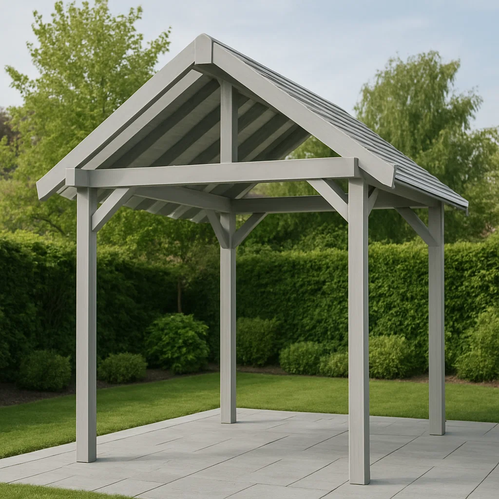 Pérgola de jardín con estructura metálica color gris claro para exteriores. 350x350x270 cm