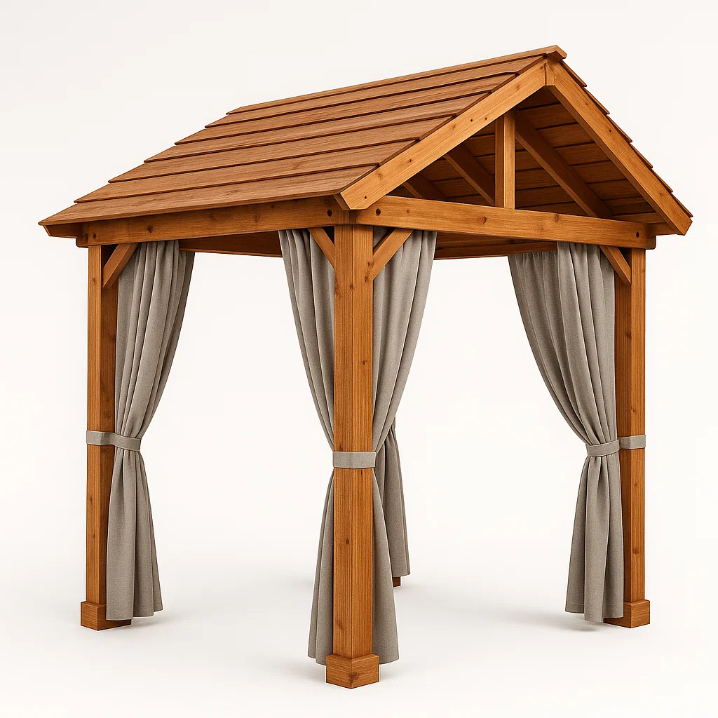 Pérgola de madera para jardín con cortinas - Color madera - para exterior - 400 cm largo x 250 cm alto x 300 cm profundo