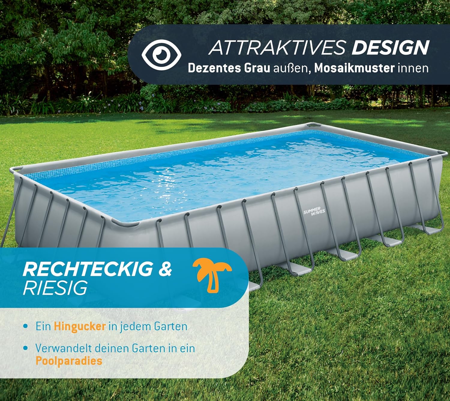 Summer Waves Frame Pool Complete Set. Rectangular 732 x 366 x 132 cm. Grey