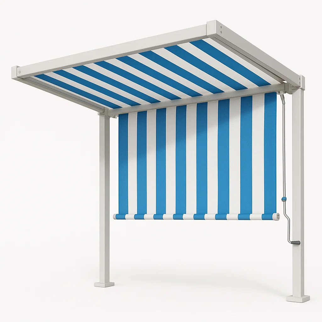 Pérgola metálica para jardín con toldo enrollable - Color blanco y azul - para exterior - 400 cm largo x 250 cm alto x 300 cm profundo