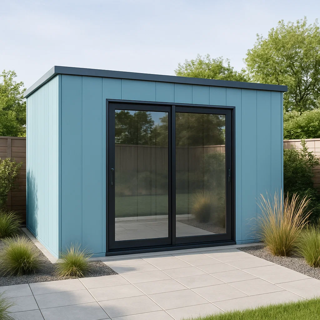 Caseta de jardín. caseta de almacenamiento azul y negro de panel metálico para exterior. 300x240x220 cm