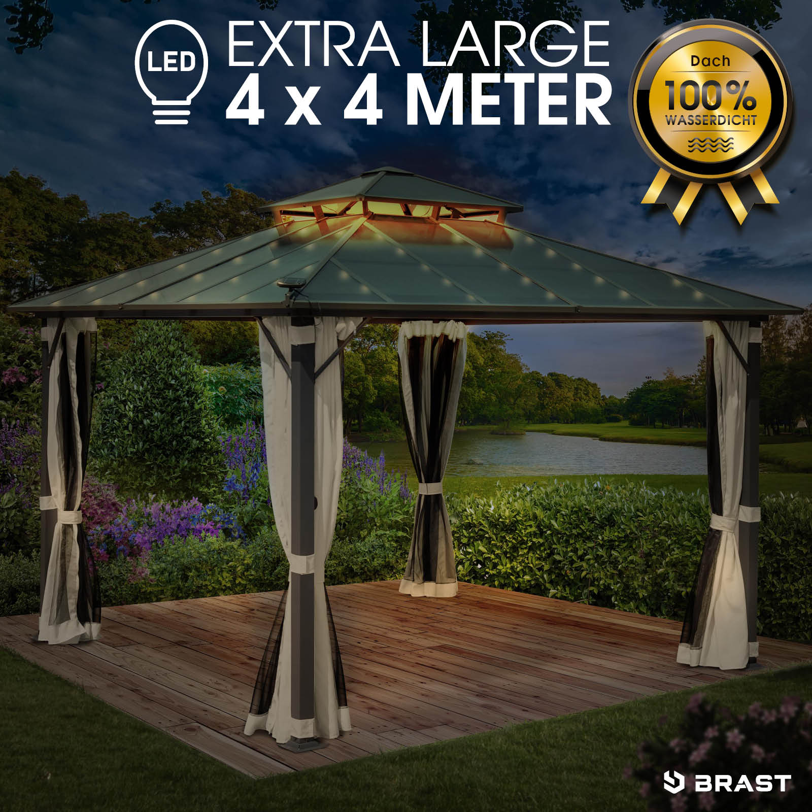 BRAST Alu Pavillon PAGODE 4x4m beige mit Moskitonetz & LED-Beleuchtung