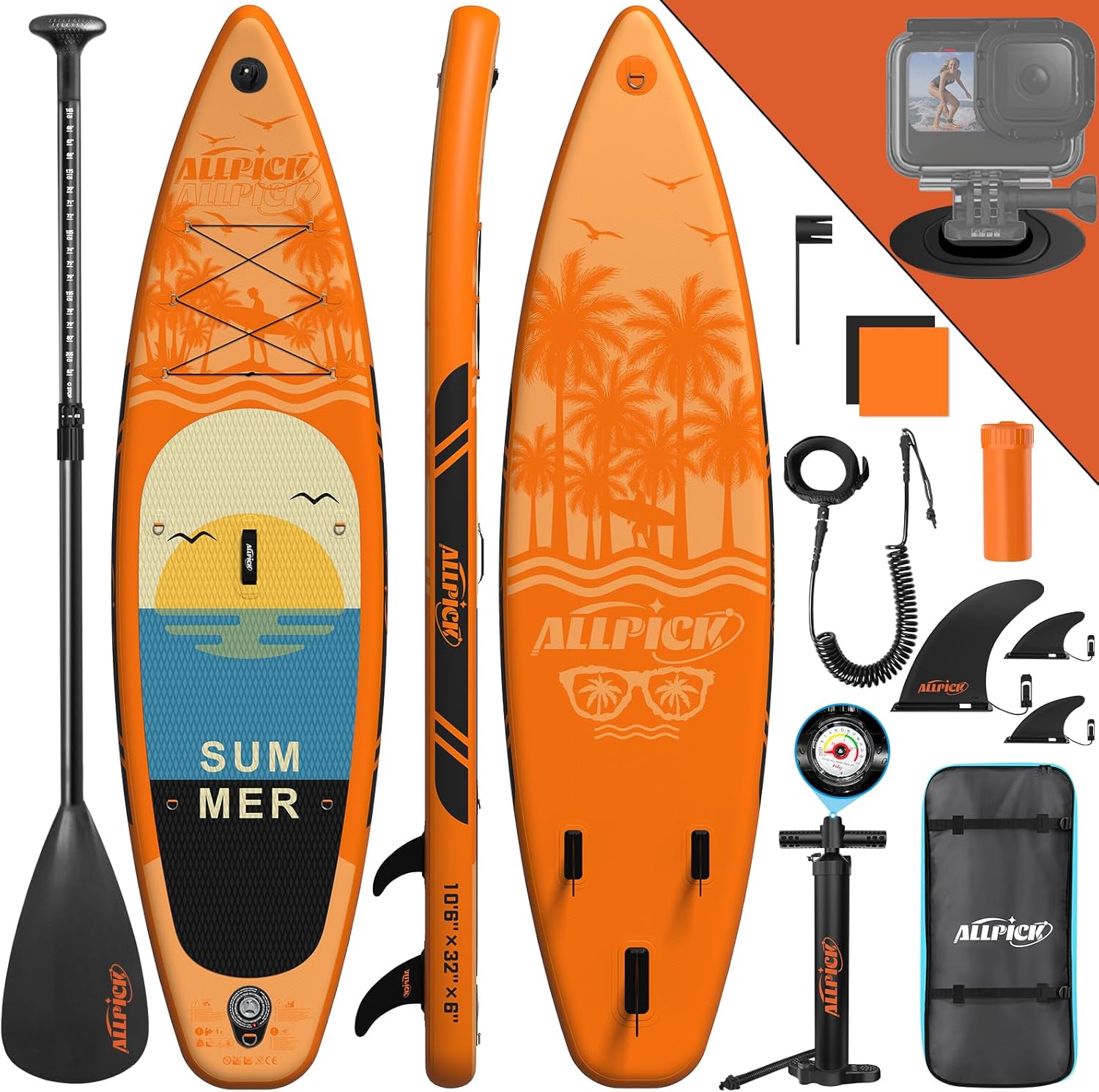 ALLPICK Premium SUP Board Set, Stand Up Paddling Board Aufblasbar, Mit Universal Kamerahalterung, Komplettes Zubehör, Verstellbares Paddel, Anfänger, Fortgeschrittene, 180kg