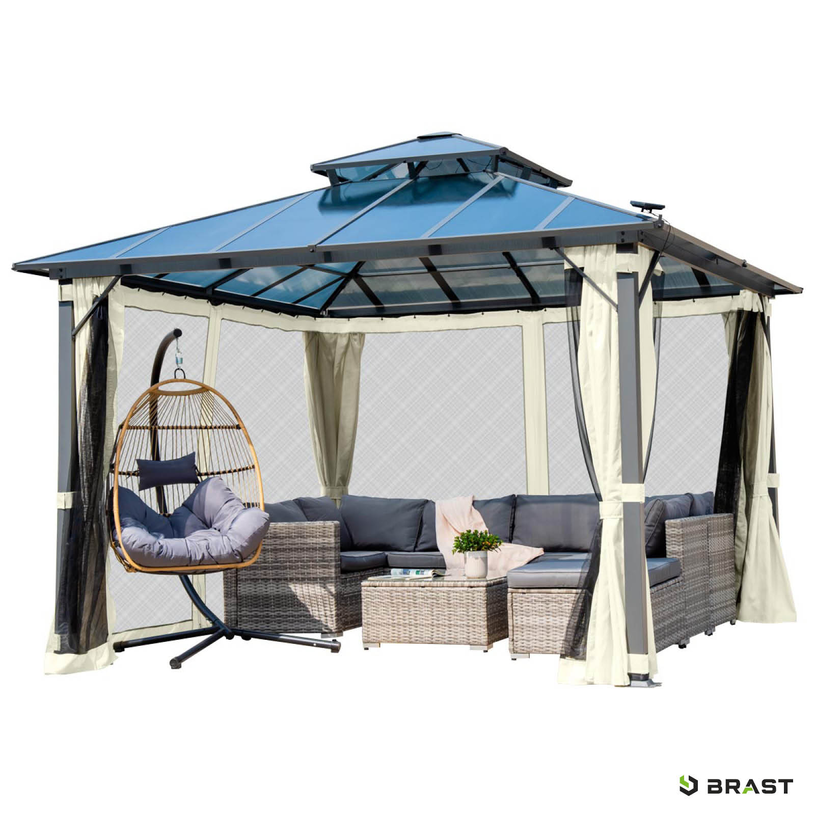 BRAST Alu Pavillon PAGODE 4x4m beige mit Moskitonetz & LED-Beleuchtung