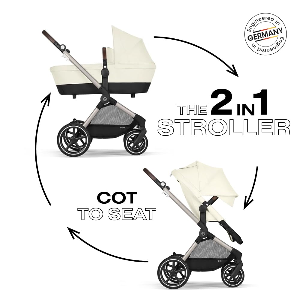 Cybex EOS 2-in-1 Stroller - Bassinet Stroller Converts to Toddler Stroller with One-Hand Recline - Bassinet and Toddler Seat Included, Reversible & Travel System Ready, Seashell Beige