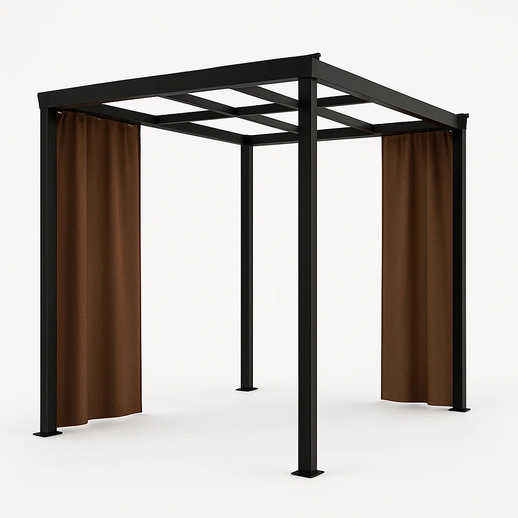 Pérgola metálica para jardín con estructura negra y cortinas color negro. 300x300x250 cm