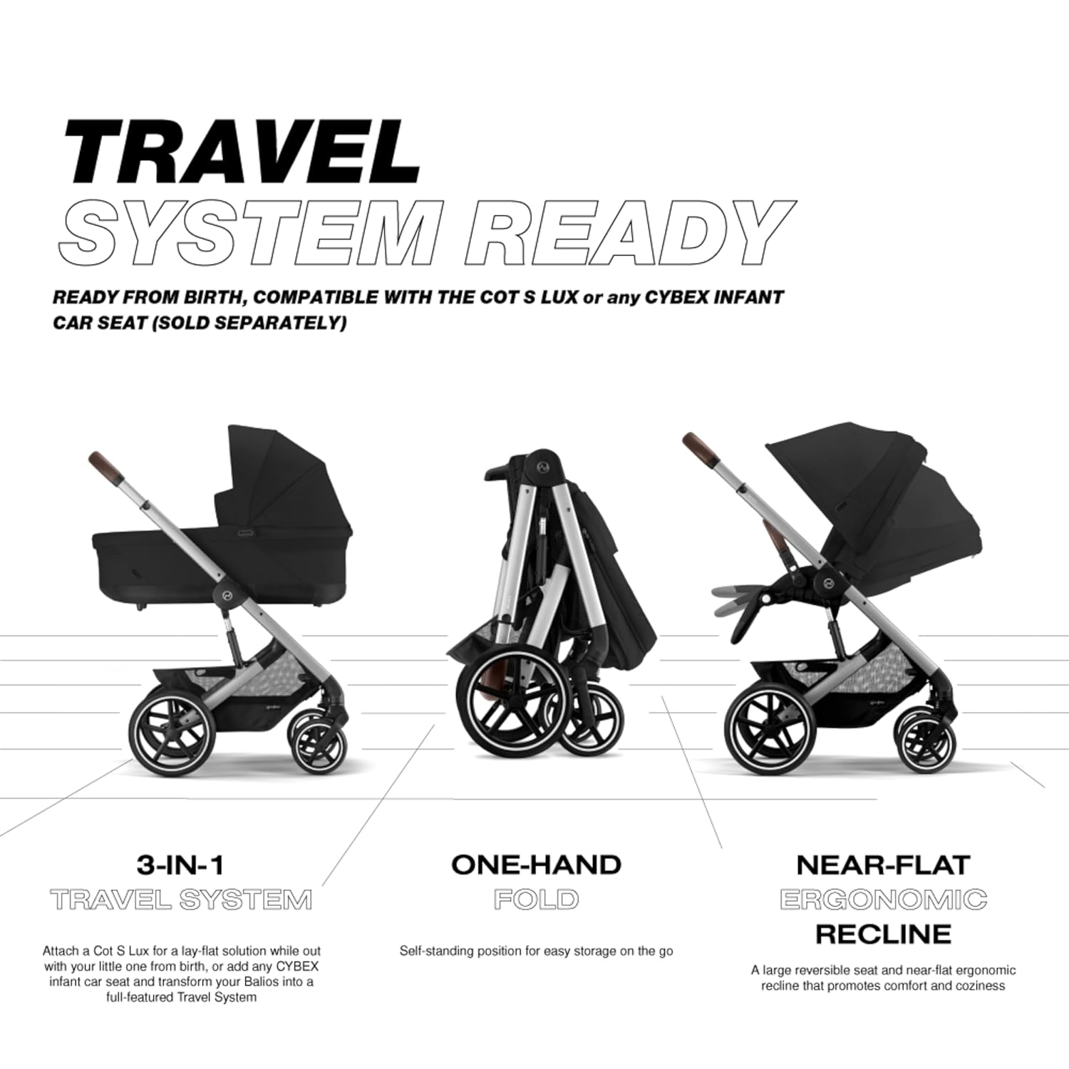Cybex Balios S Lux Toddler and Baby Stroller with Reversible Seat, Unique One-Pull Harness, and Multiple Recline - Travel System Ready, with One Hand Fold, Silver Frame/Moon Black Seat