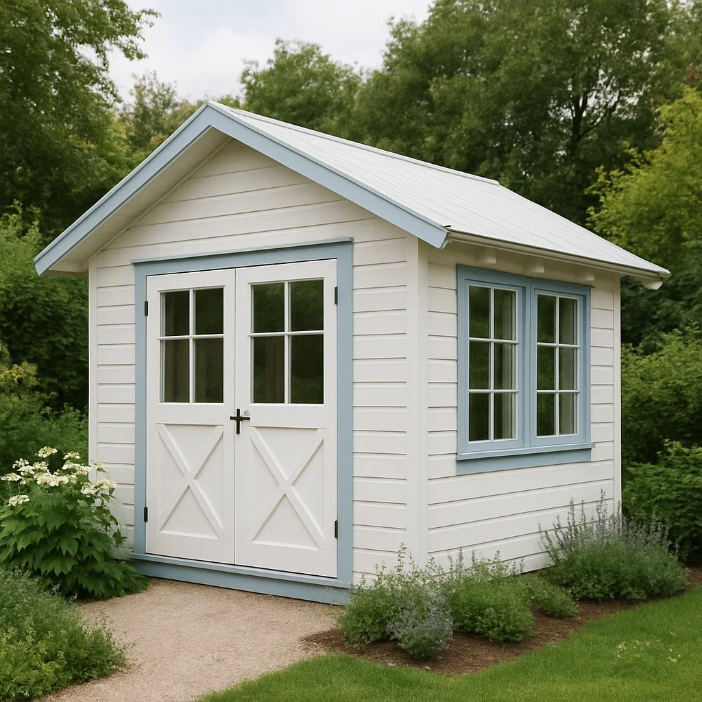 Caseta de jardín blanca con detalles azul claro en madera para exteriores. 250×200×225 cm