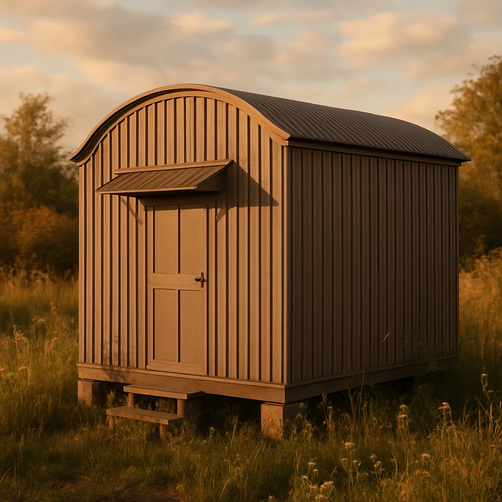 Caseta de jardín metálico curvo beige de acero para exteriores. 210x180x230 cm