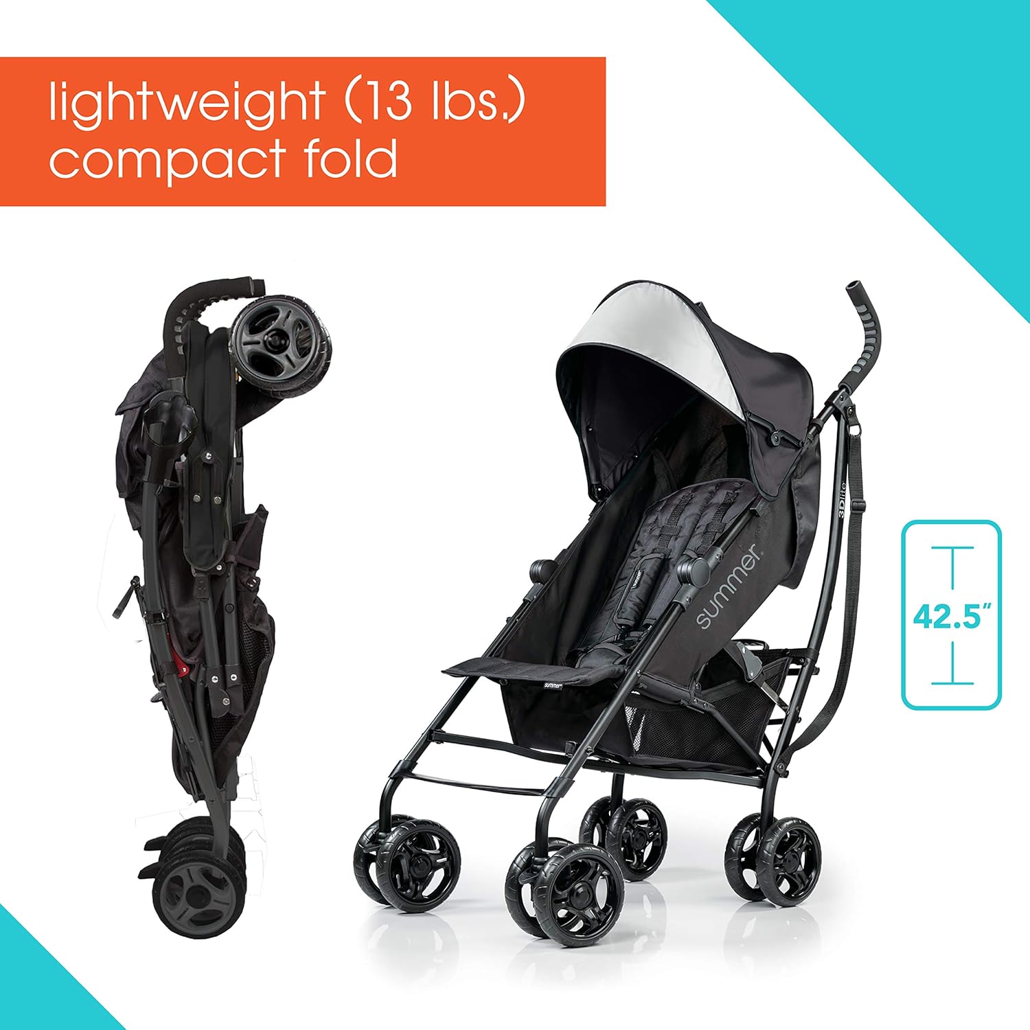 Summer Infant 3Dlite Convenience Stroller, Jet Blue - Lightweight Stroller with Aluminum Frame, Large Seat Area, 4 Position Recline, Extra Large Storage Basket - Infant Stroller for Travel and More