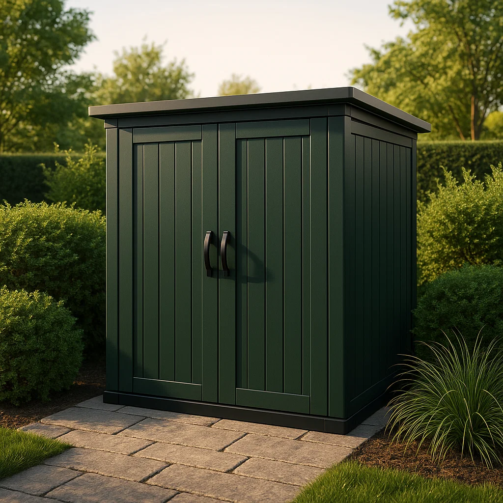 Caseta de jardín caseta de almacenamiento verde oscuro de resina para exterior 105x70x160 cm