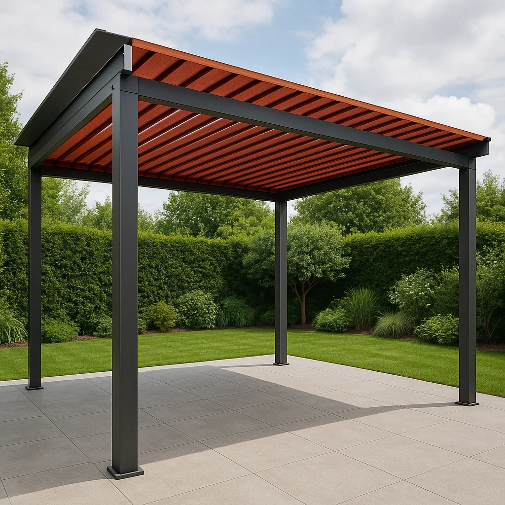 Pérgola de jardín con estructura metálica color negro y techo de lamas de aluminio. 400x300x270 cm