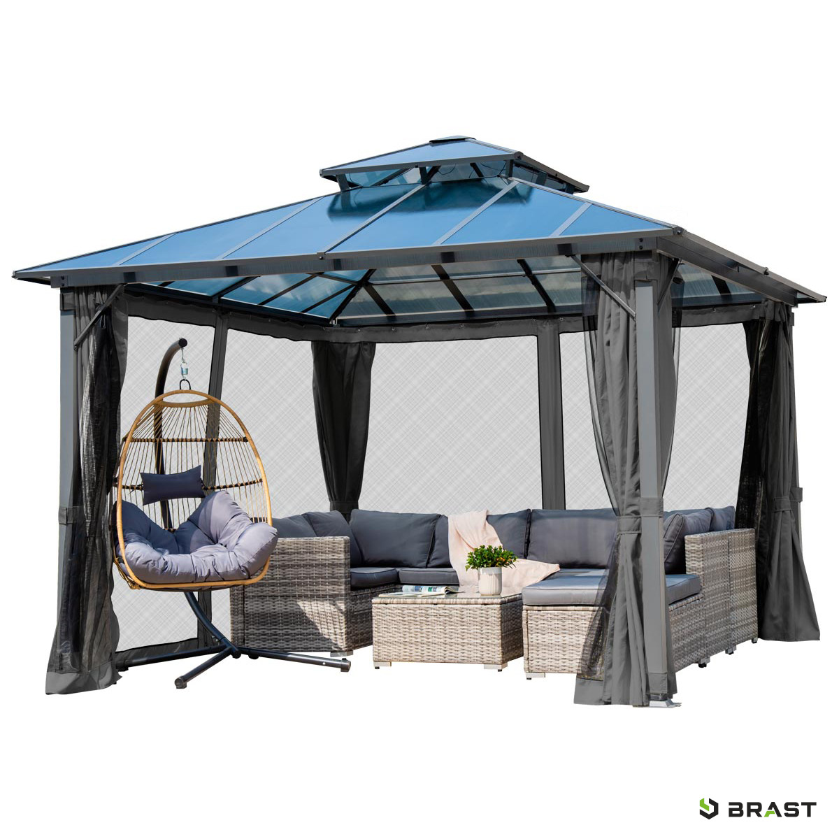 BRAST Alu Pavillon PAGODE 4x4m dunkelgrau mit Moskitonetz