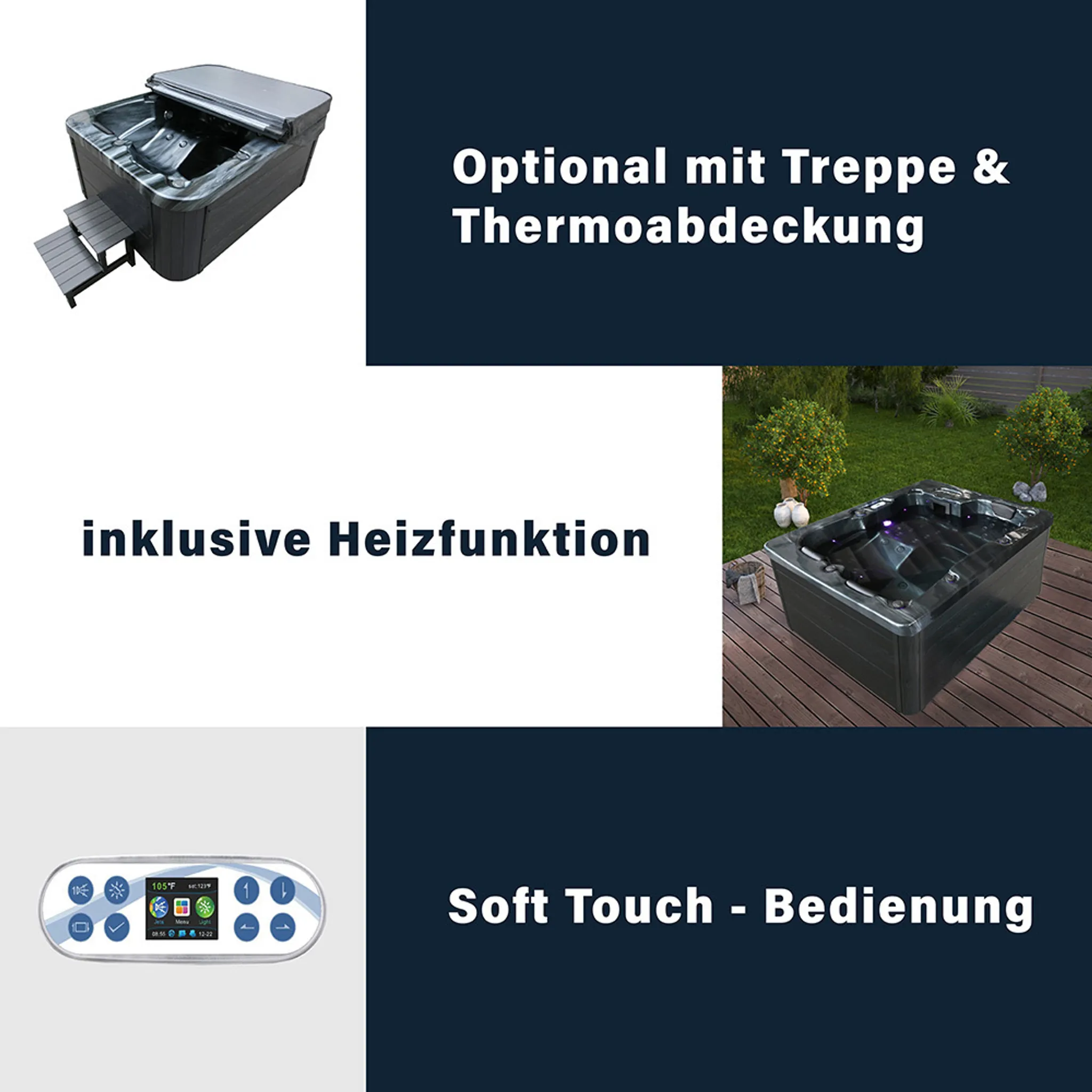 HOME DELUXE - Outdoor Whirlpool Black MARBLE inkl. Treppe und Thermoabdeckung