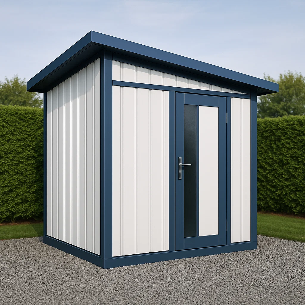 Caseta de jardín. caseta exterior blanco y azul de acero para uso exterior. 200x130x210 cm