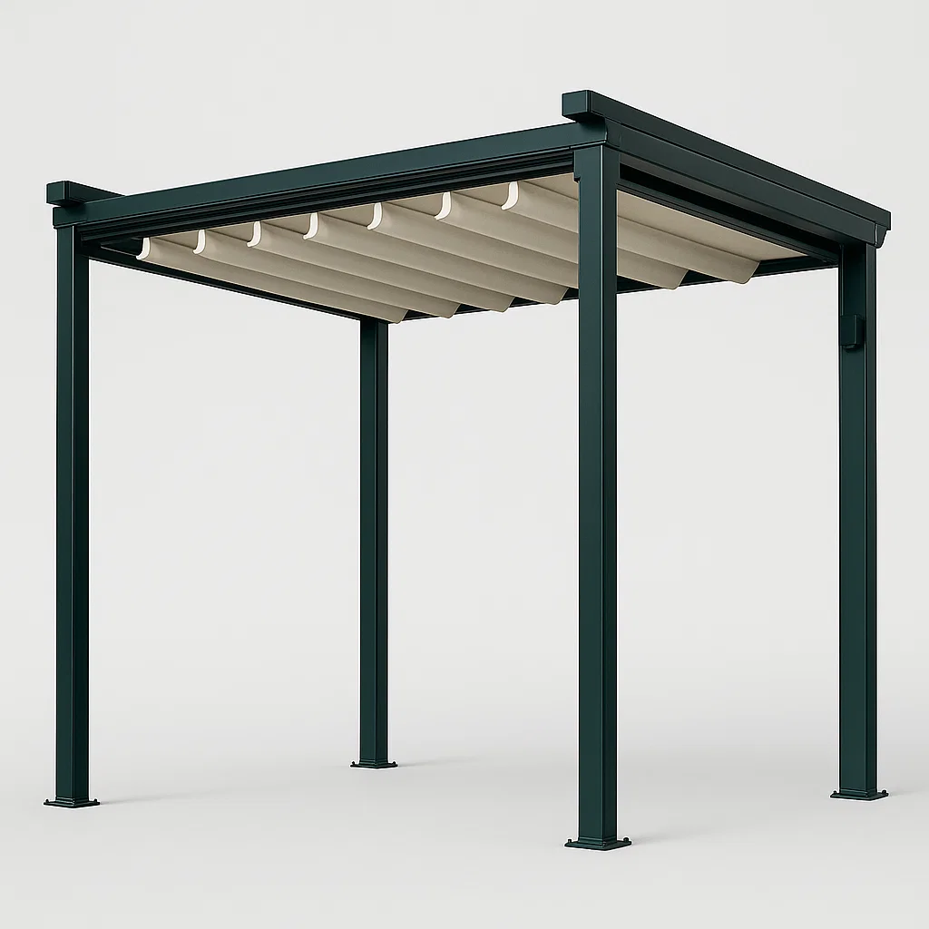 Pérgola de jardín con estructura metálica verde y toldo retráctil color beige. 300x300x250 cm
