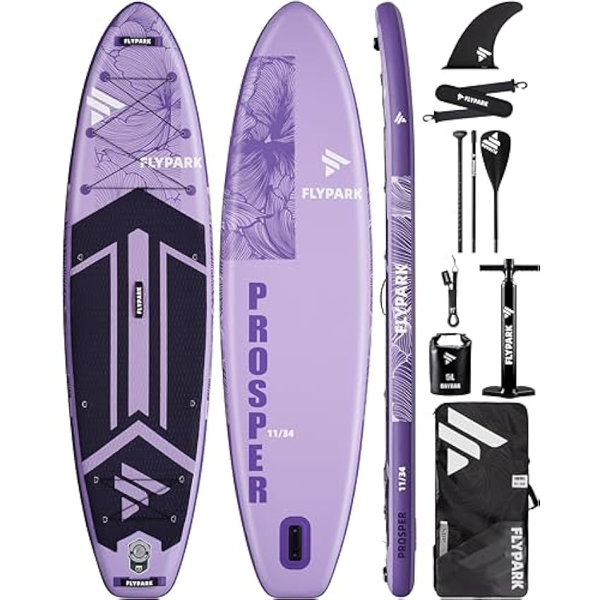 Flypark 11'x34‘’ Inflatable Paddle Boards, Extra Wide SUP for 420lbs/3Adults, Yoga Stand Up Paddle Board, 110L Backpack, 15 D-Rings, Shoulder Strap, US-Fin, 2-Action Pump