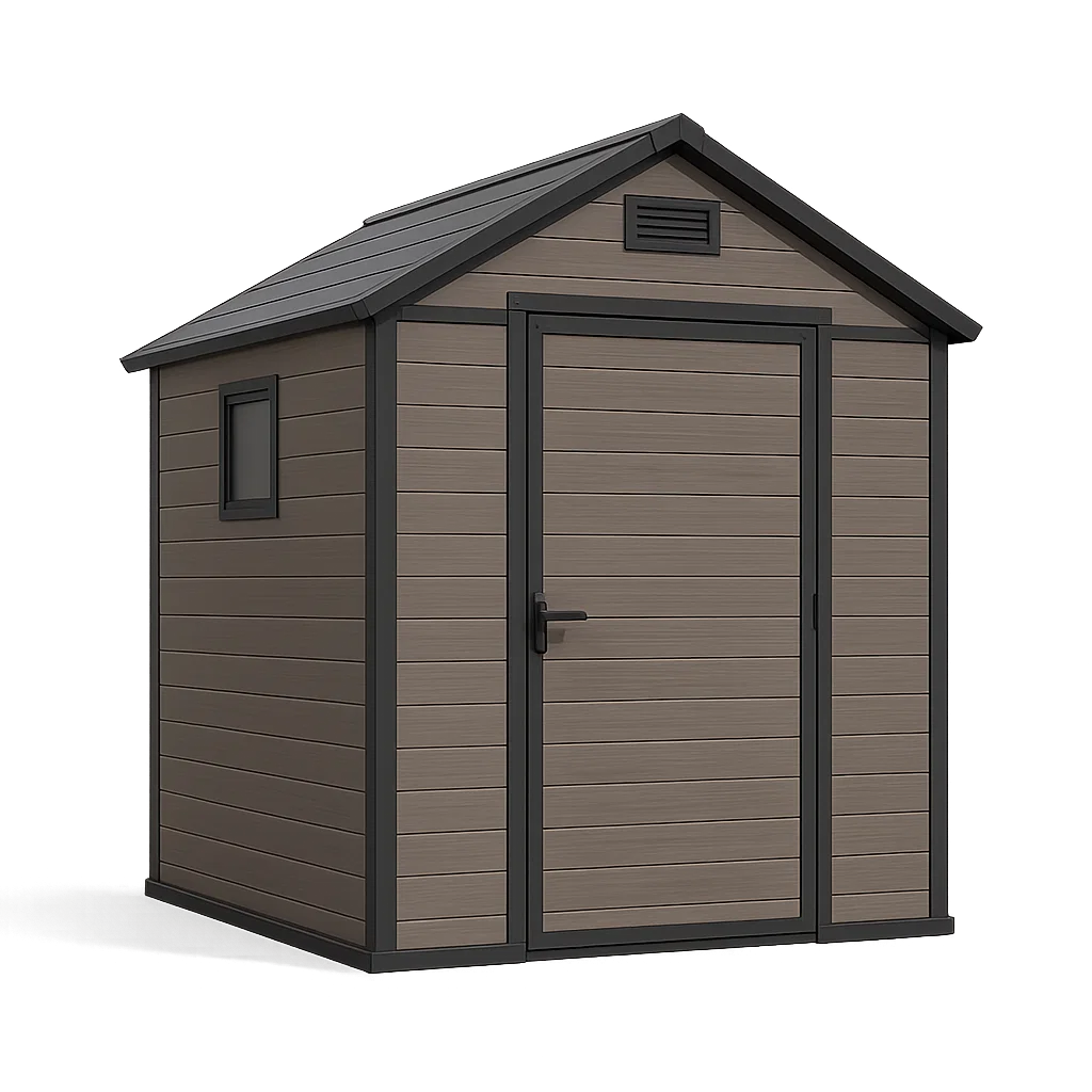 Caseta de jardín. caseta exterior marrón imitación madera en acero para uso exterior. 190x130x200 cm