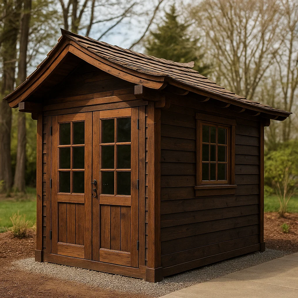 Caseta de jardín de madera marrón oscura para exteriores. 210×180×220 cm