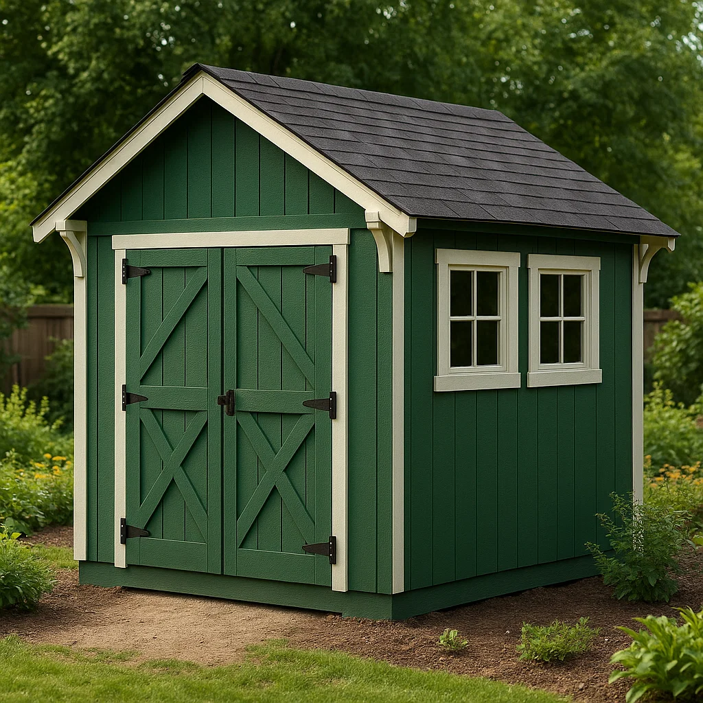 Caseta de jardín. caseta de almacenamiento verde de madera sintética para exterior. 200x160x230 cm
