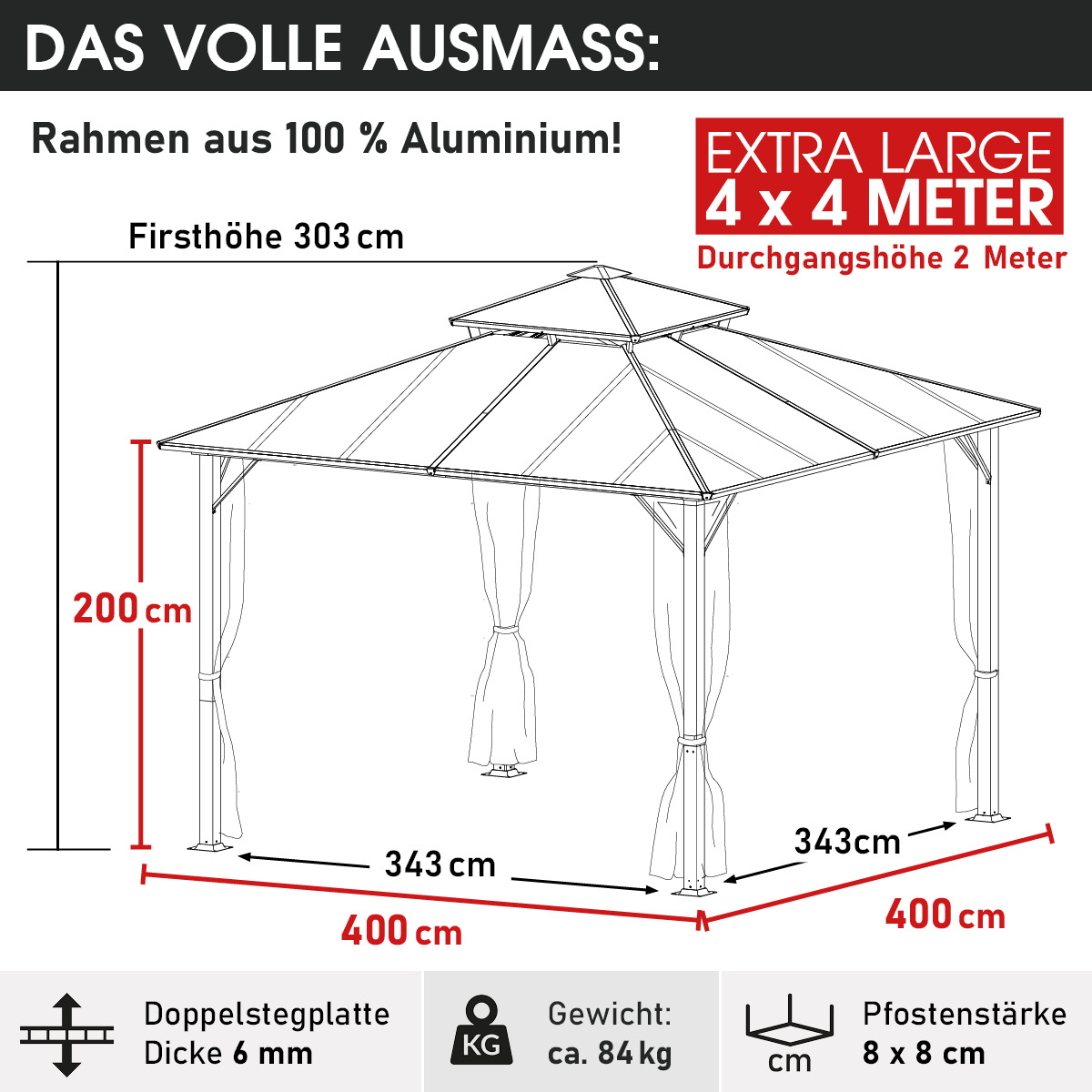 BRAST Alu Pavillon PAGODE 4x4m dunkelgrau mit Moskitonetz